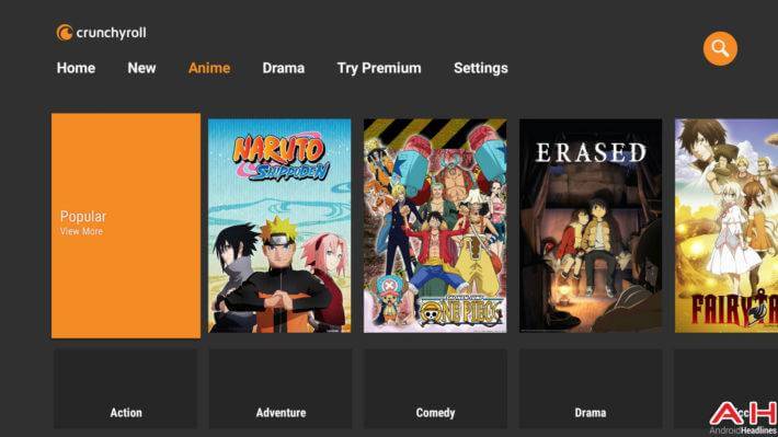 Tampilan website Crunchyroll menampilkan judul Naruto, One Piece, Erased, dan Fairy Tale